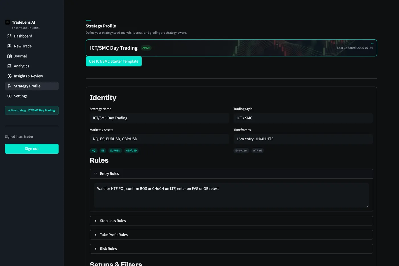TradeLens strategy profile page with identity, entry rules, and setups sections